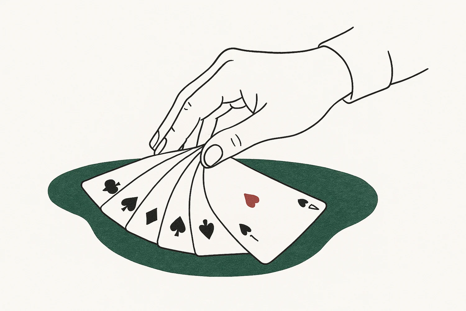 How to play poker — a dealer’s hand fanning a hand of cards over green felt, line-art illustration.