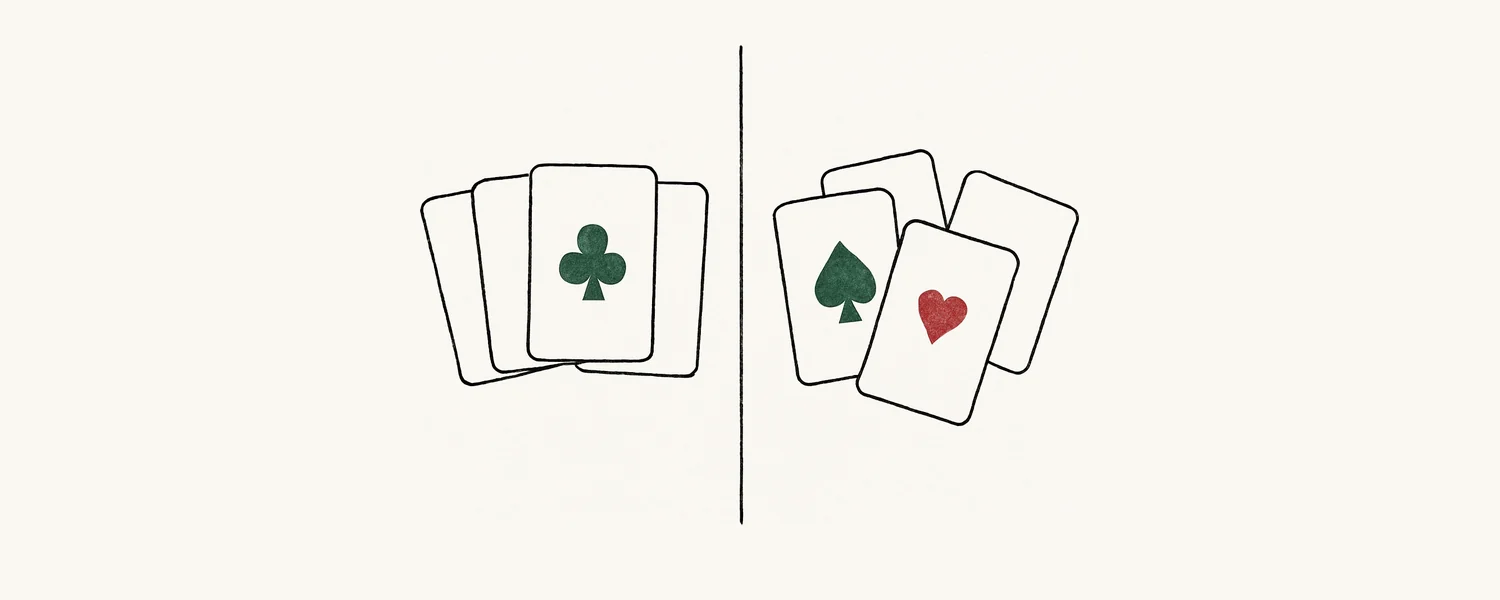 GTO vs exploitative poker — two mirrored, balanced halves, line-art illustration.