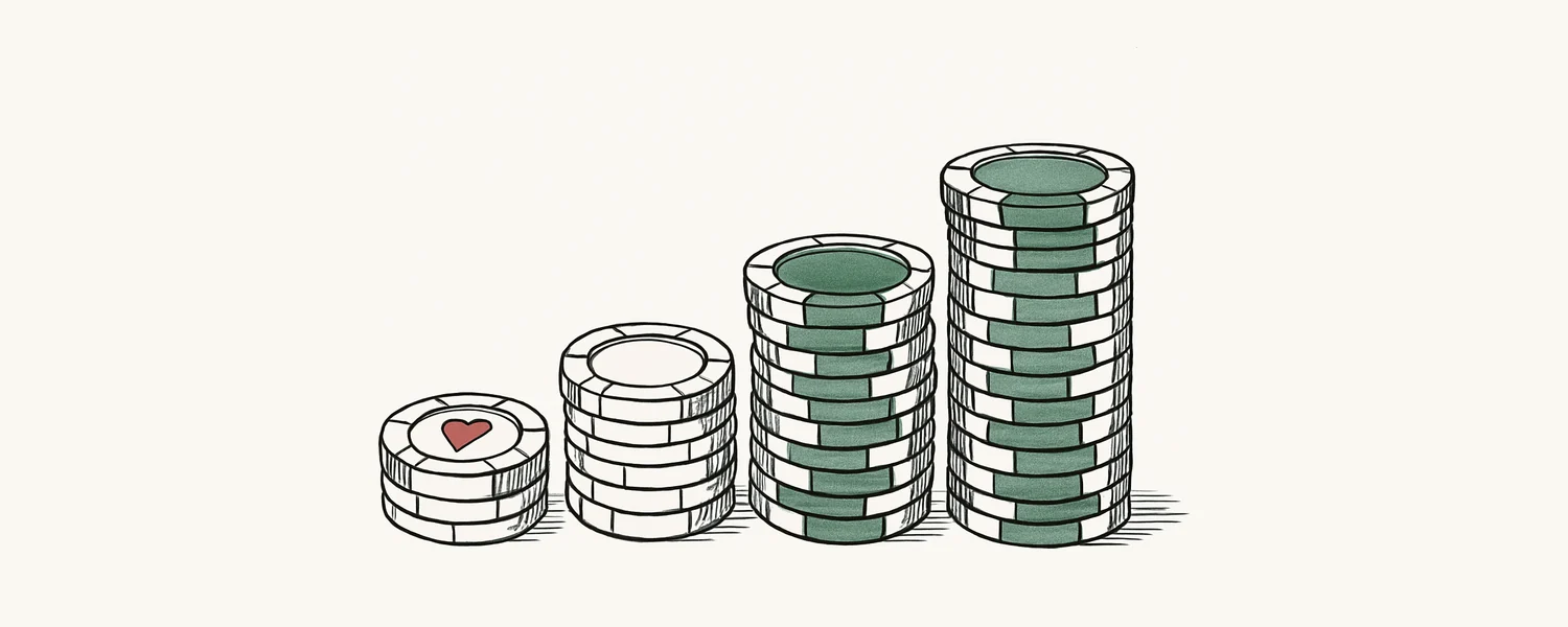 Poker bet sizing — stacks of poker chips of increasing height.