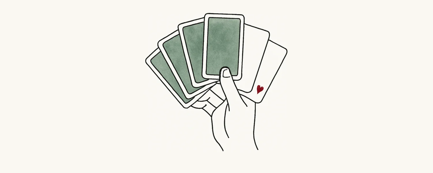 Poker hand rankings — a fanned hand of playing cards, line-art illustration.