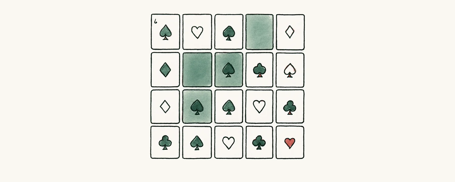 Thinking in poker ranges — a grid of starting-hand cells, line-art illustration.